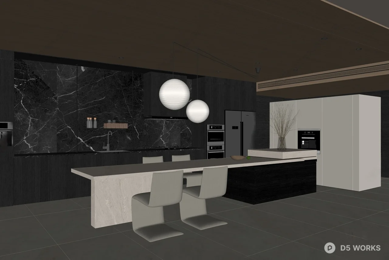 Minimalist Open Kitchen With Island And Pendant Lighting 3d model thumbnail 2