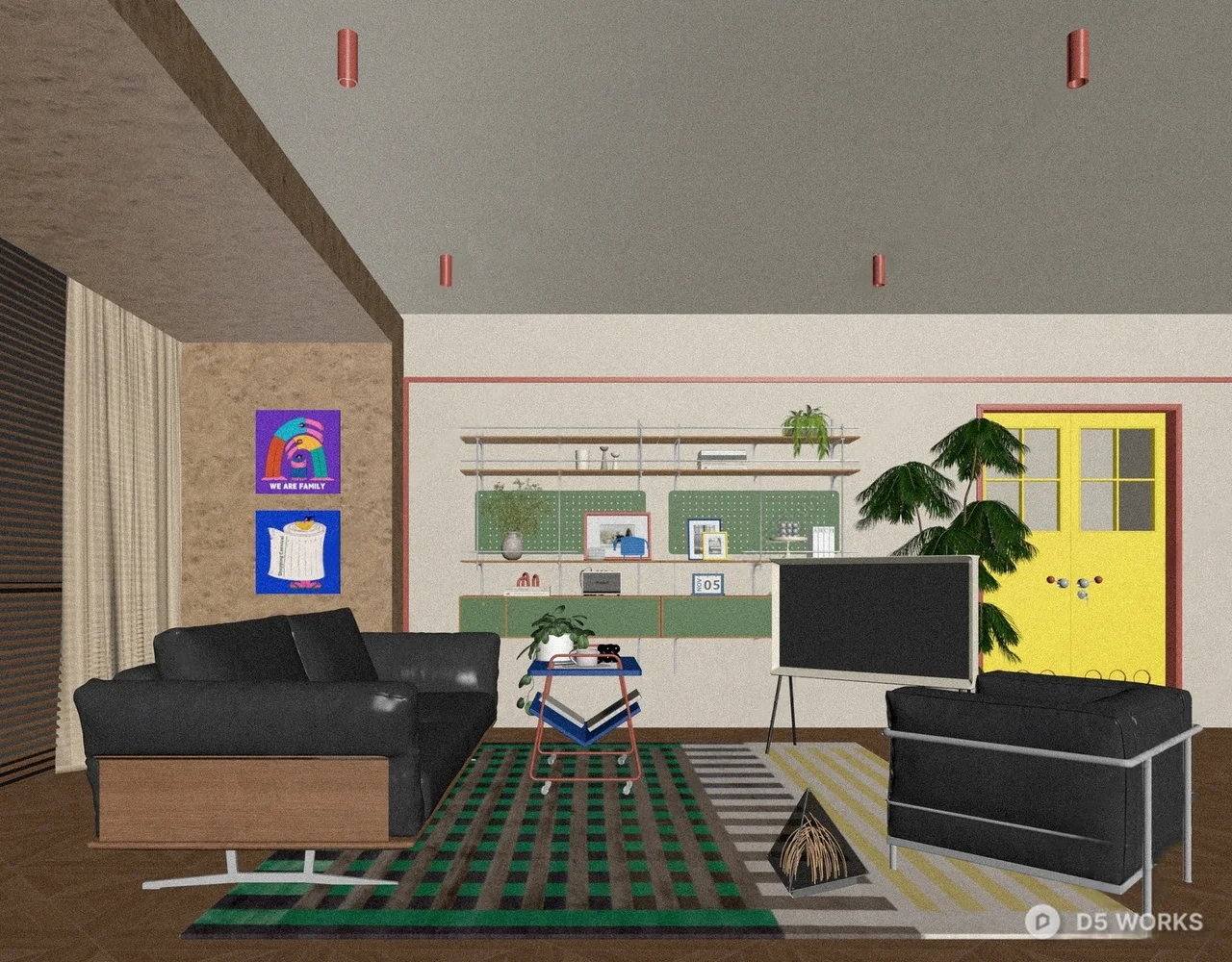 Modern Living Room with Leather Sofa and Green Rug 3d model thumbnail 2