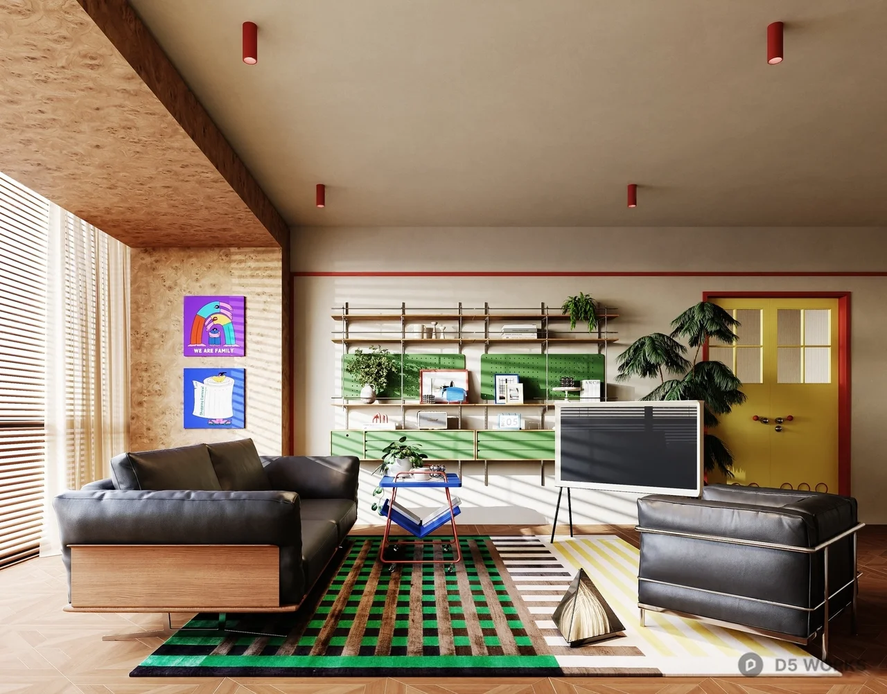 Modern Living Room with Leather Sofa and Green Rug 3d model - Image 1