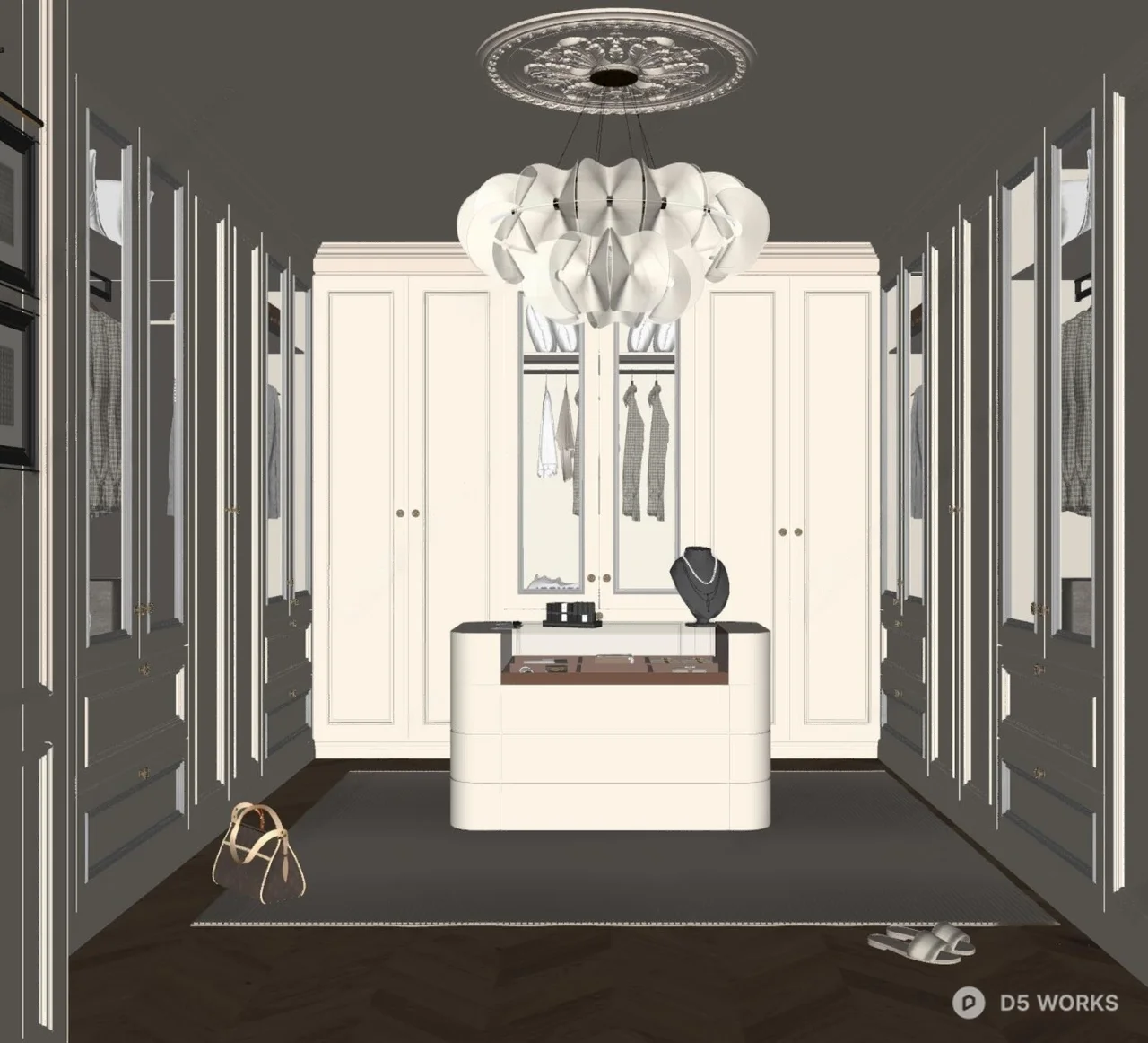Elegant Walk-In Closet With Central Island And Floral Chandelier 3d model thumbnail 2