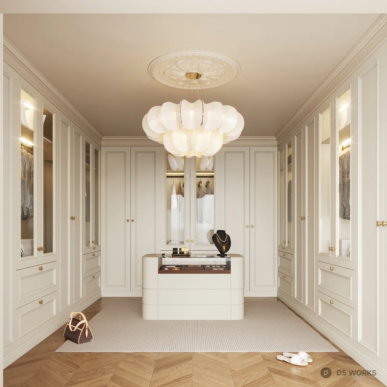 Elegant Walk-In Closet With Central Island And Floral Chandelier 3d model - Image 1