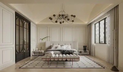 Modern Classic Bedroom with Chandelier and Panel Walls 3d model