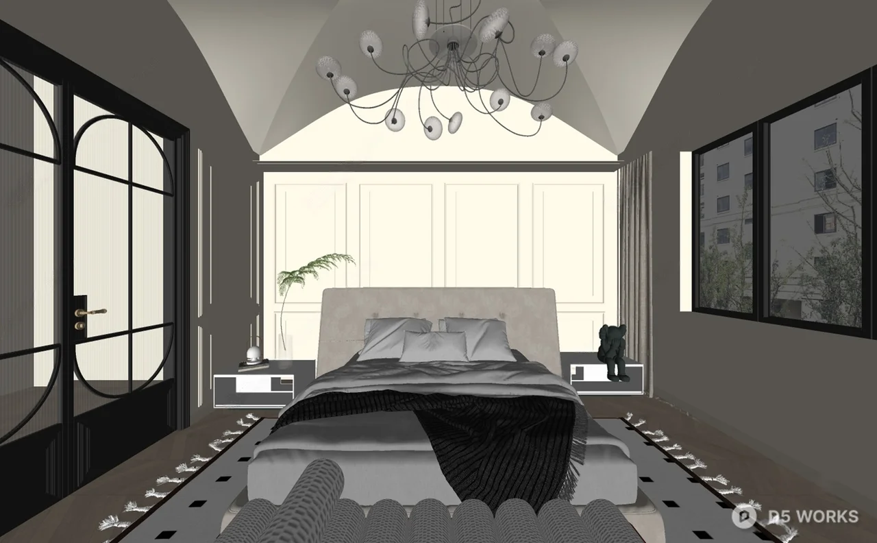 Modern Classic Bedroom with Chandelier and Panel Walls 3d model thumbnail 2