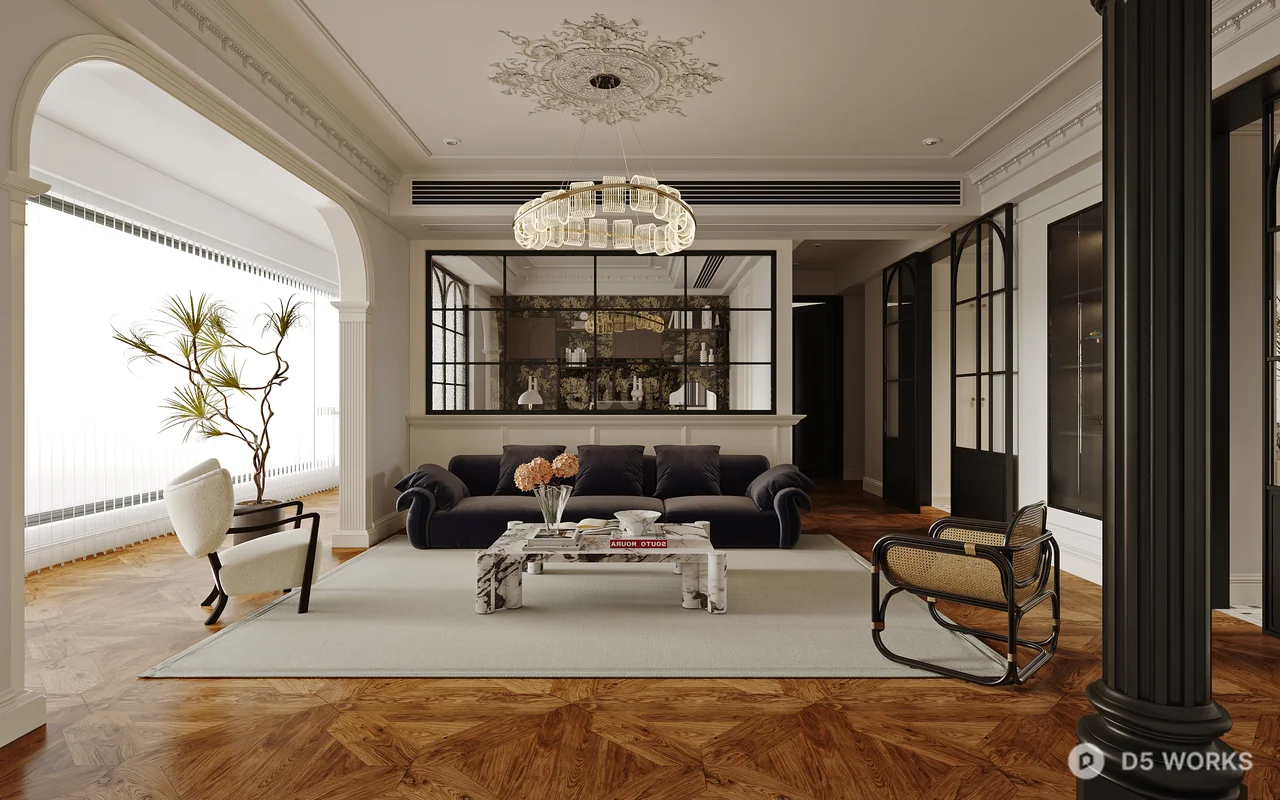 Luxury Villa Living Room with Herringbone Flooring 3d model - Image 1