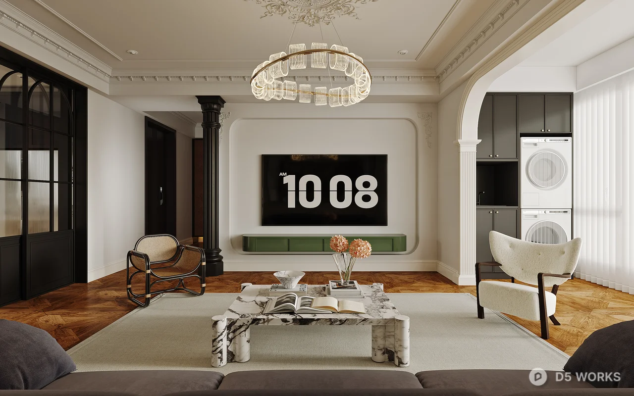 Luxury Villa Living Room with Herringbone Flooring 3d model thumbnail 7