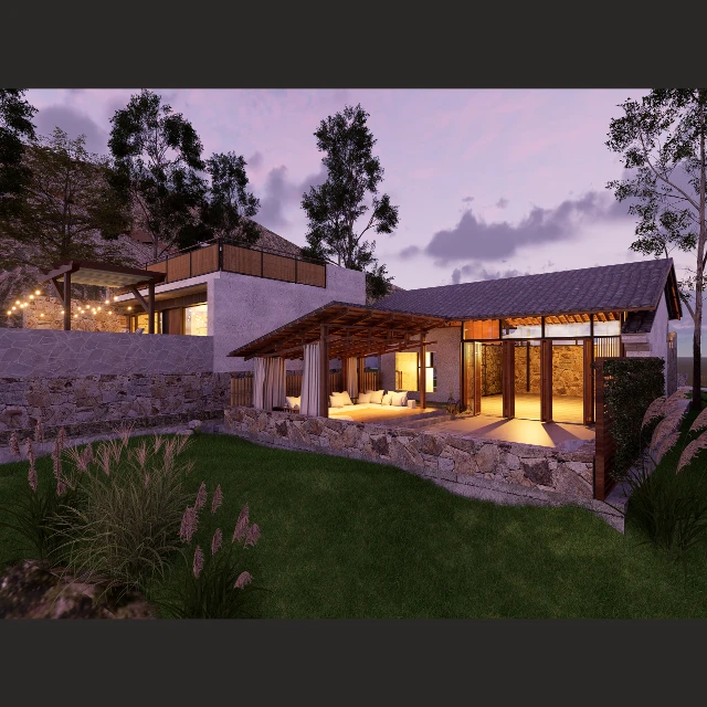Rustic Stone Mountain Villa with Outdoor Lounge 3d model