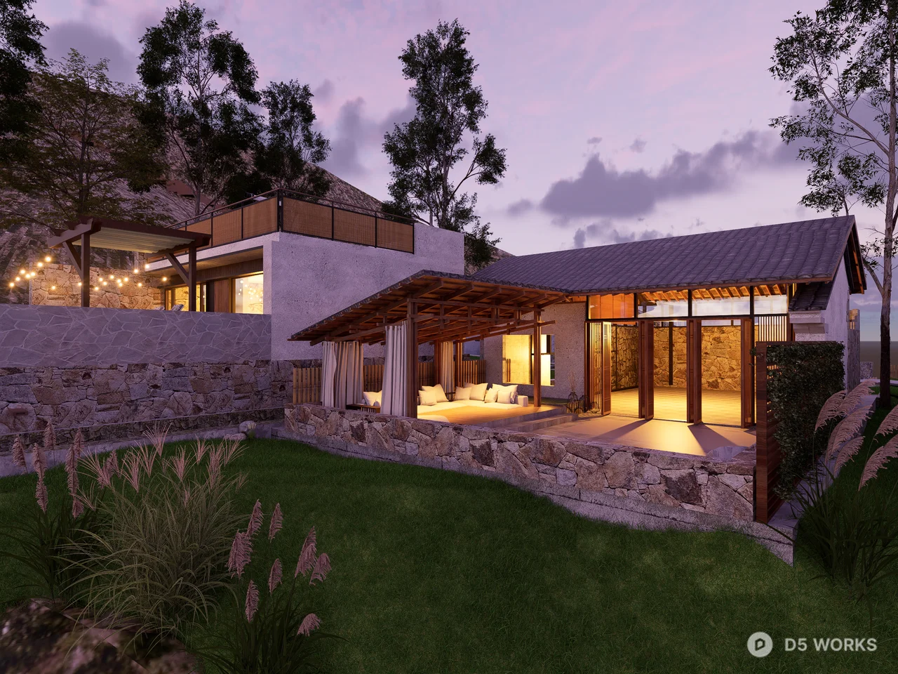 Rustic Stone Mountain Villa with Outdoor Lounge 3d model - Image 1