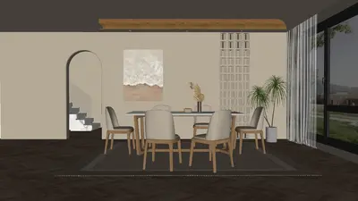 Modern Dining Room with Archway and Floor-to-Ceiling Windows 3d model