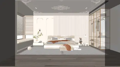 Minimalist Modern Bedroom With Vertical Paneling And Glass Wardrobe 3d model