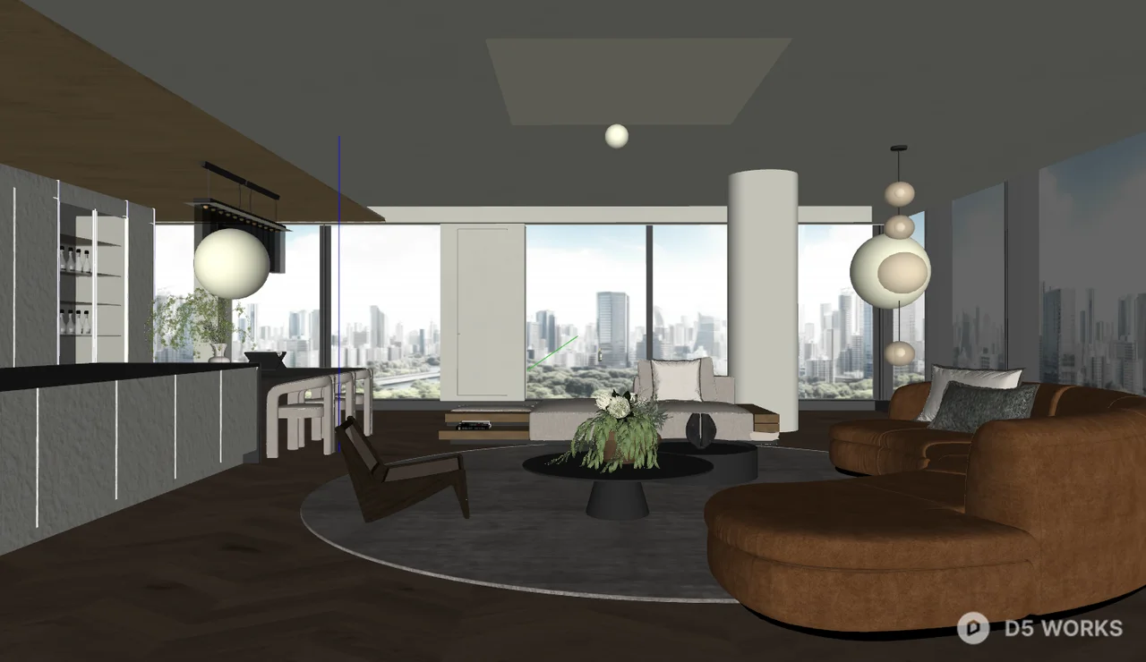 Modern Living Dining Space with City View 3d model thumbnail 2