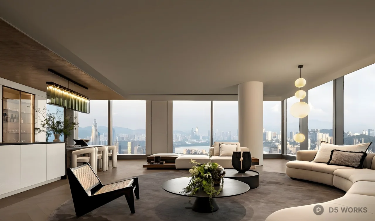 Modern Living Dining Space with City View 3d model - Image 1