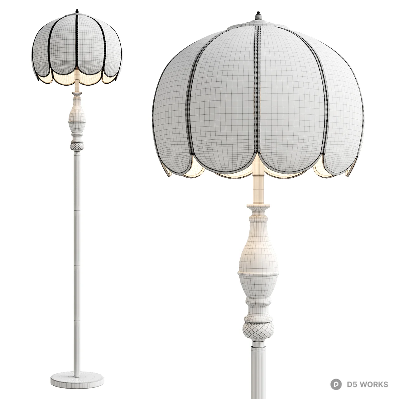Vintage Brass Scalloped Glass Floor Lamp 3d model thumbnail 2