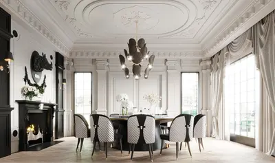 French Style Villa Dining Room with Ornate Ceiling 3d model
