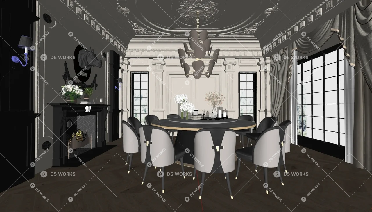 French Style Villa Dining Room with Ornate Ceiling 3d model thumbnail 2