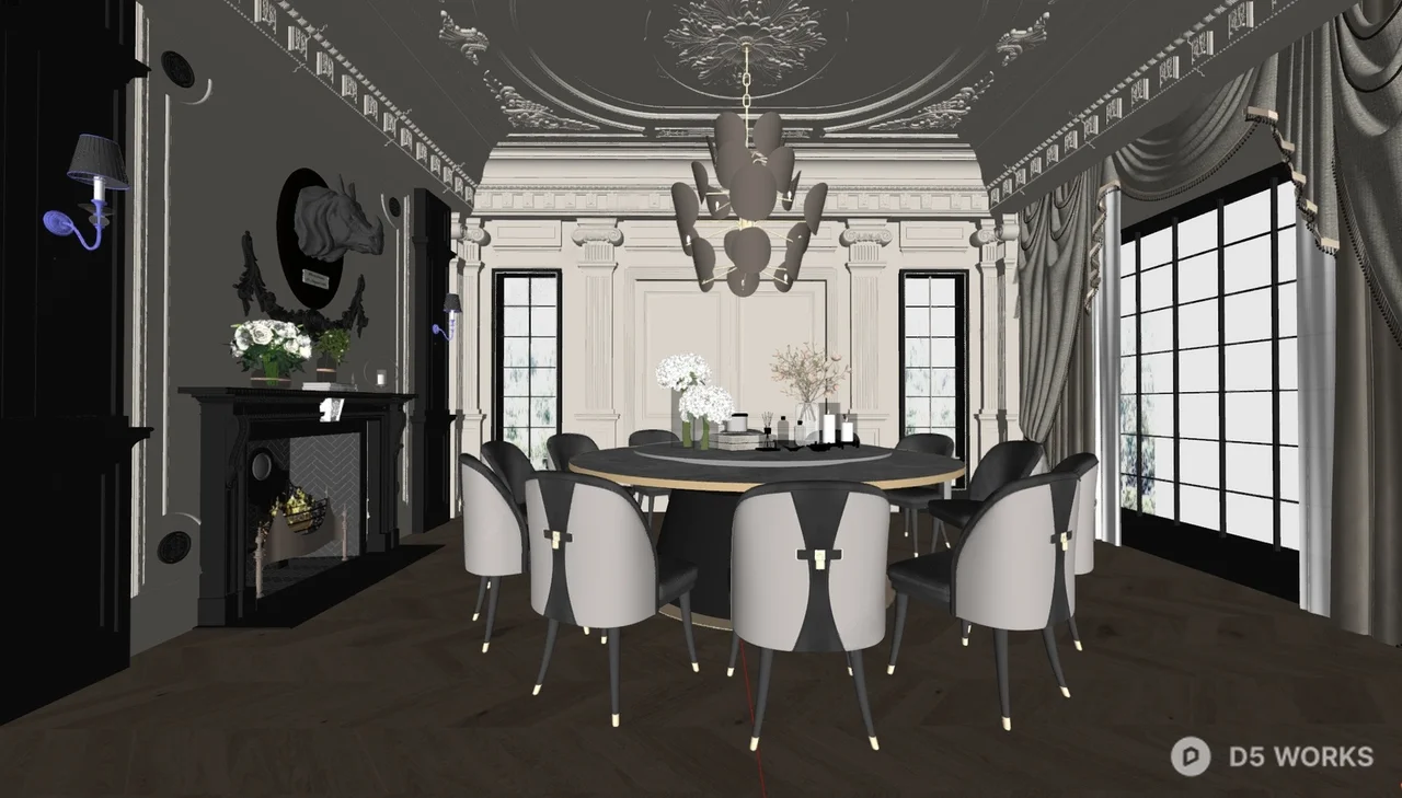 French Style Villa Dining Room with Ornate Ceiling 3d model thumbnail 2