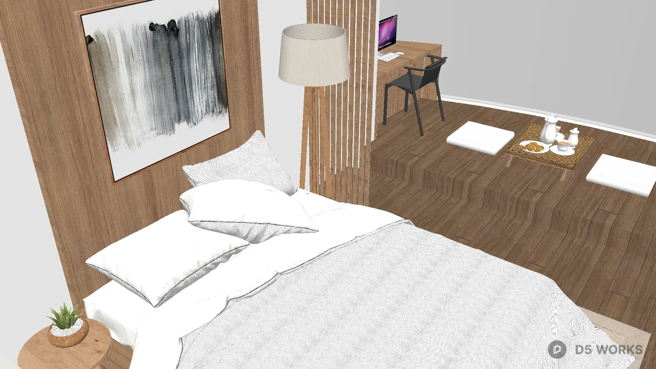 Minimalist Wooden Panel Bedroom with White Bedding 3d model thumbnail 3