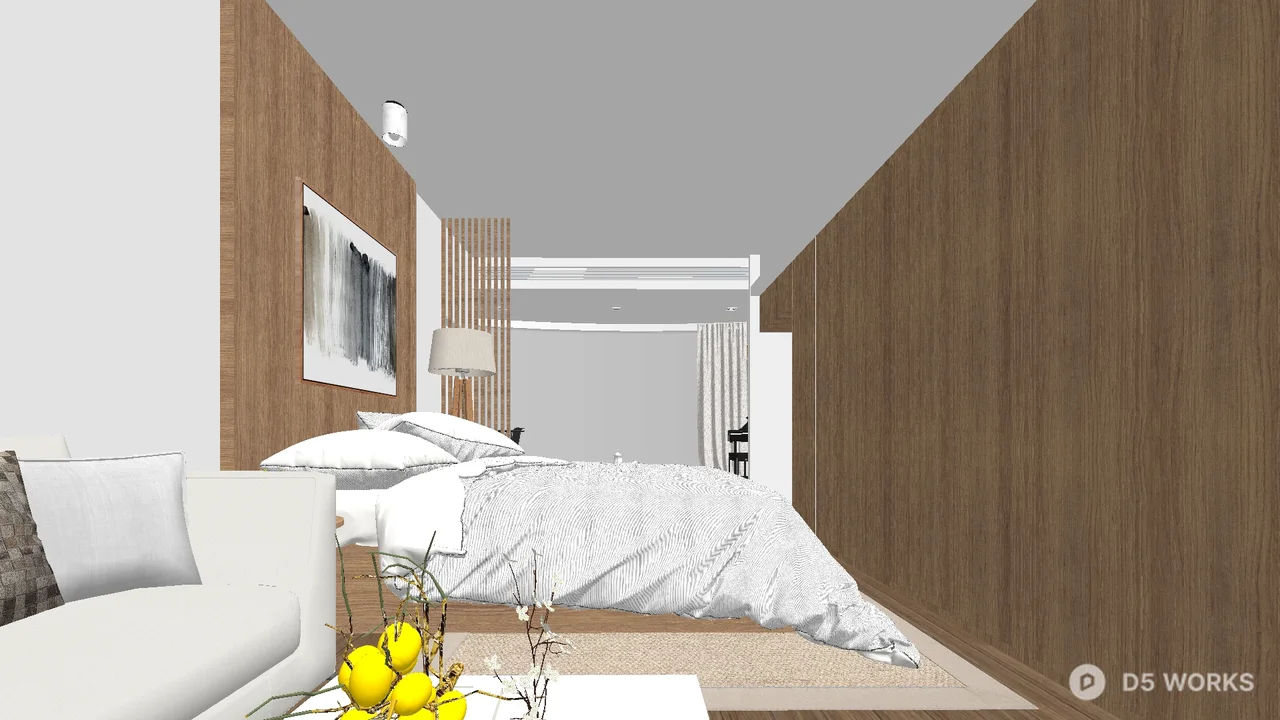 Minimalist Wooden Panel Bedroom with White Bedding 3d model - Image 1