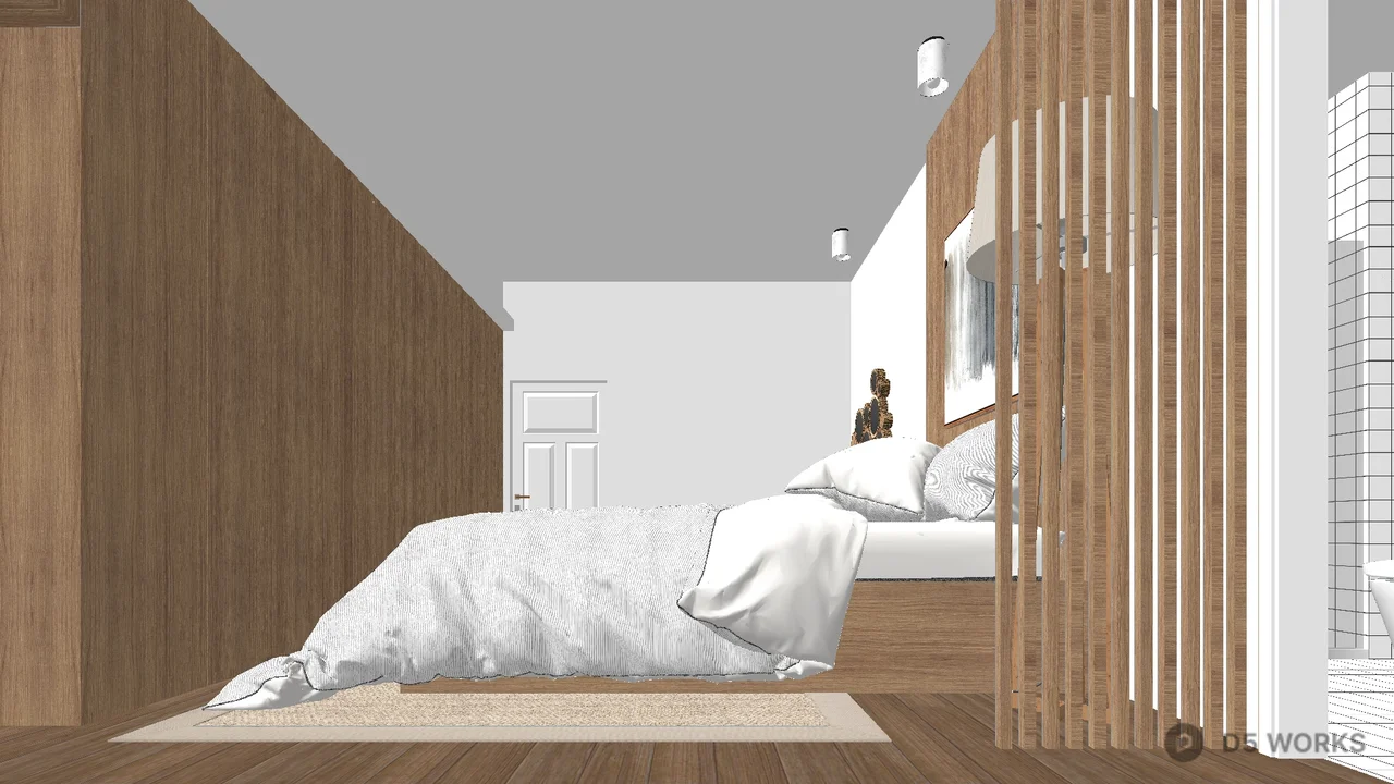 Minimalist Wooden Panel Bedroom with White Bedding 3d model thumbnail 2