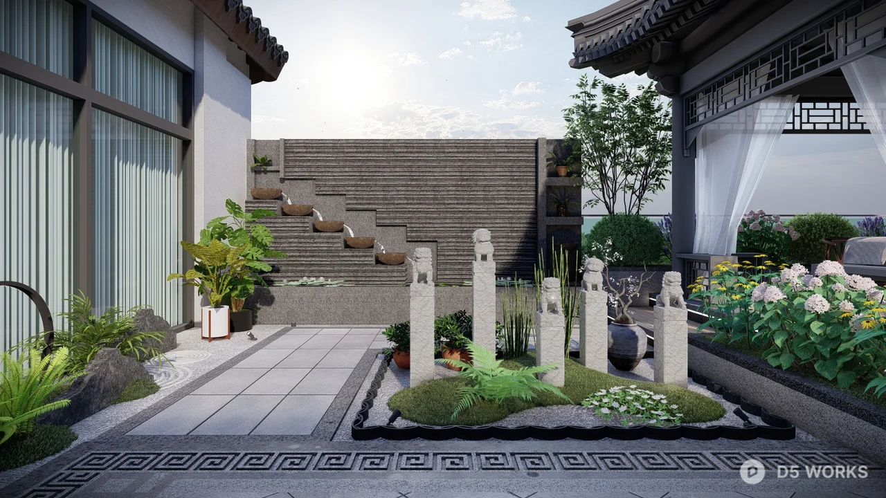 Chinese Style Courtyard With Mural & Green Plants 3d model thumbnail 2