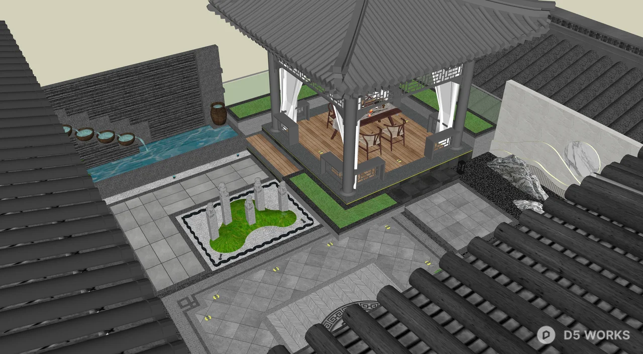 Chinese Style Courtyard With Mural & Green Plants 3d model thumbnail 3