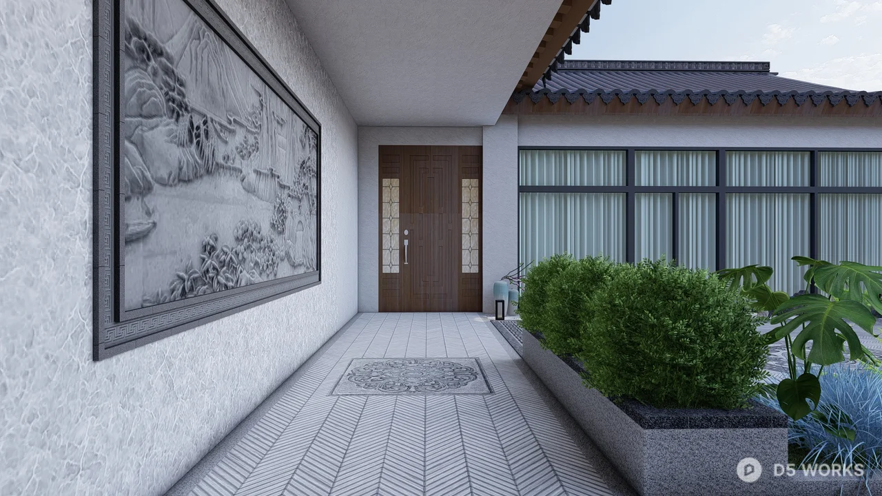 Chinese Style Courtyard With Mural & Green Plants 3d model - Image 1