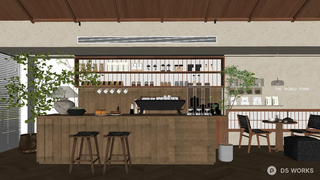Minimalist Coffee Shop With Wooden Bar And Greenery 3d model - Image 1