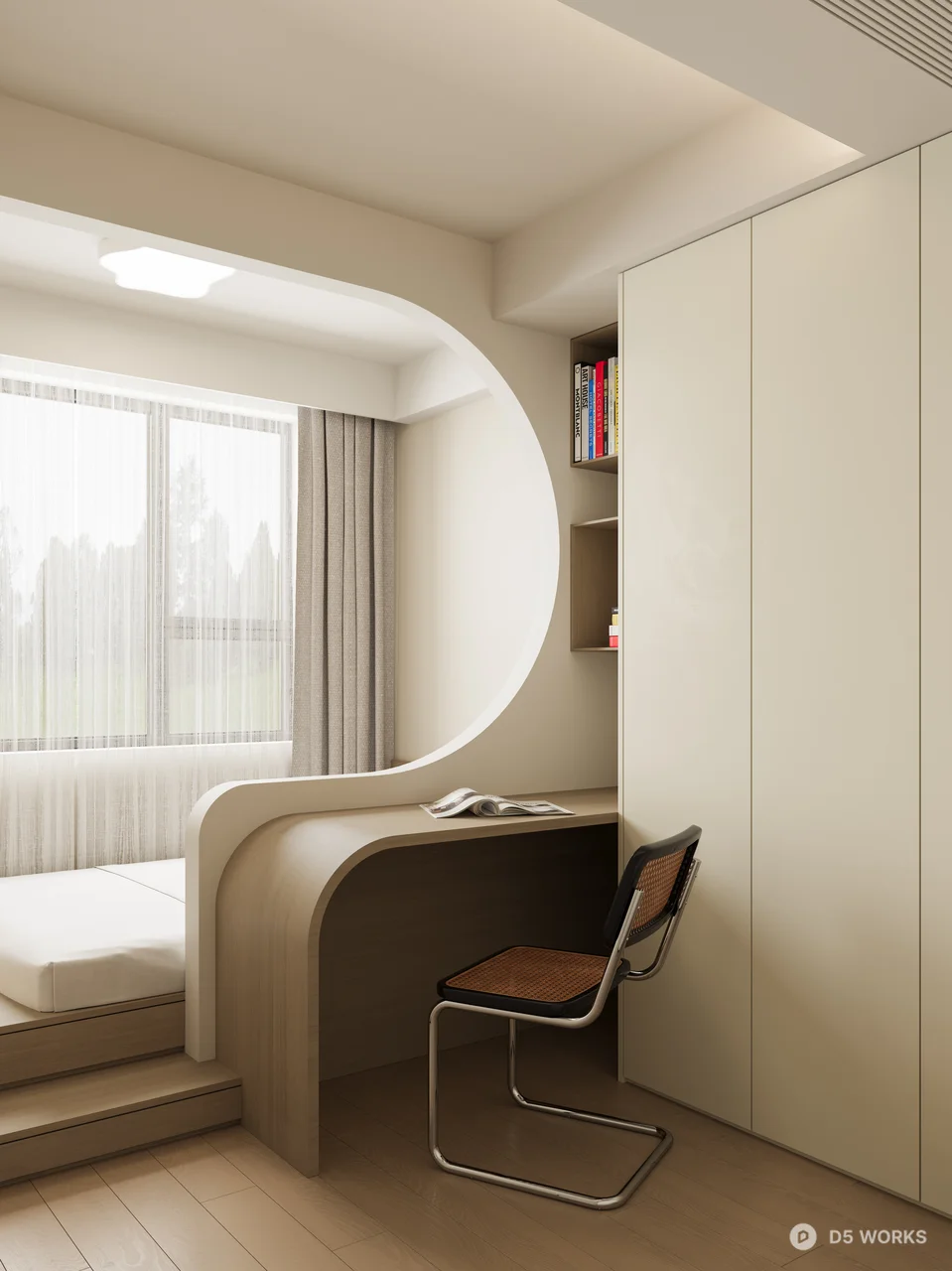 Minimalist Study Room with Curved Desk 3d model thumbnail 2