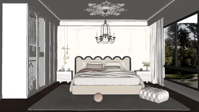 Modern Elegance Bedroom With Ornate Headboard And Chandelier 3d model