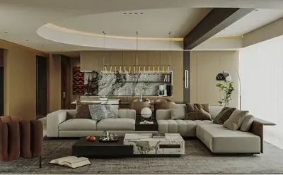 Modern Living Room with Sectional Sofa and Marble Accent Wall 3d model