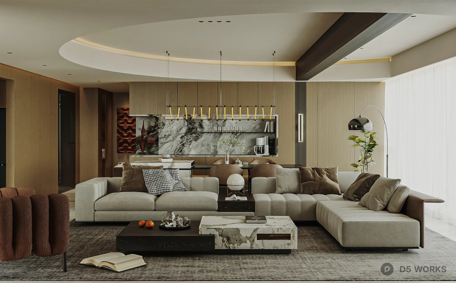 Modern Living Room with Sectional Sofa and Marble Accent Wall 3D Model .skp