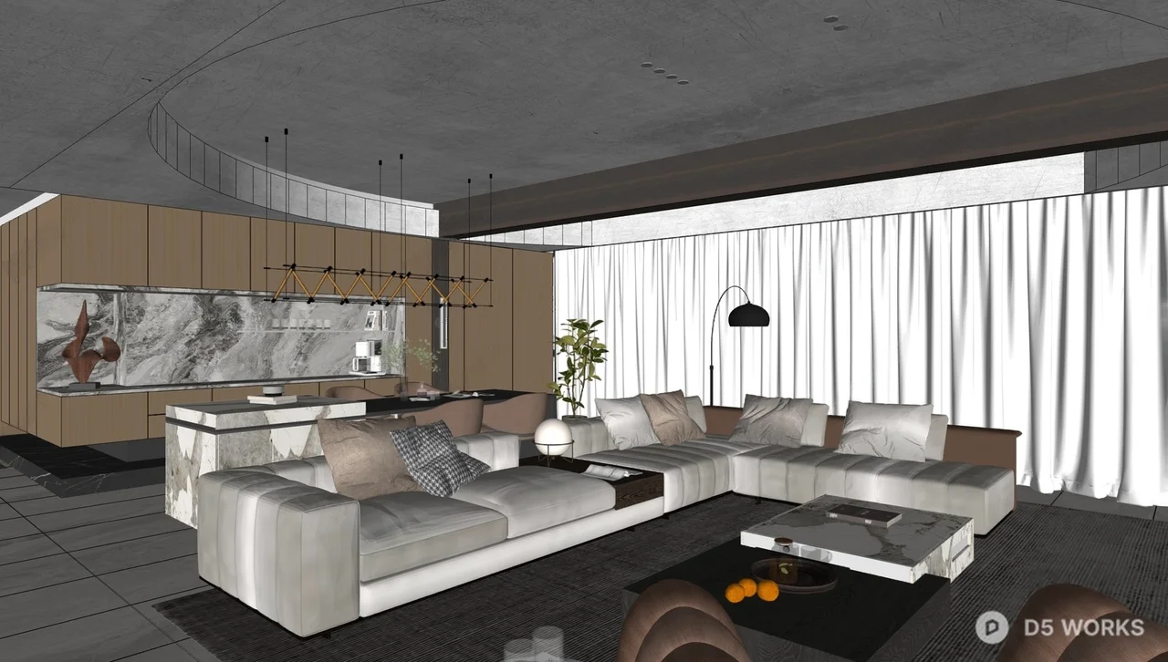 Modern Living Room with Sectional Sofa and Marble Accent Wall 3D Model .skp
