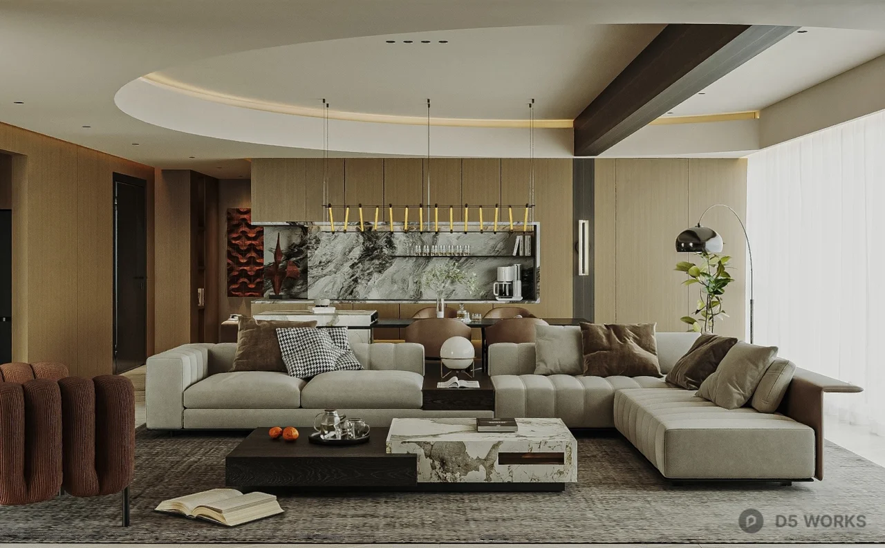 Modern Living Room with Sectional Sofa and Marble Accent Wall 3d model - Image 1