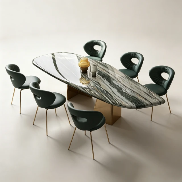 Luxury Marble Dining Set with Emerald Leather Chairs 3d model