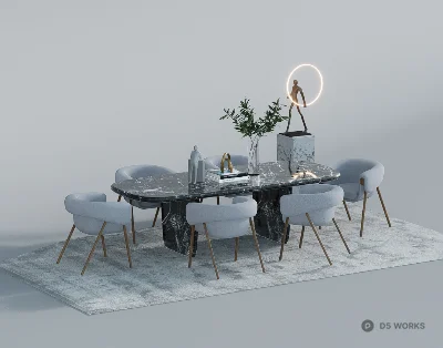 Marble Dining Table With Modern Chairs 3d model - Image 1