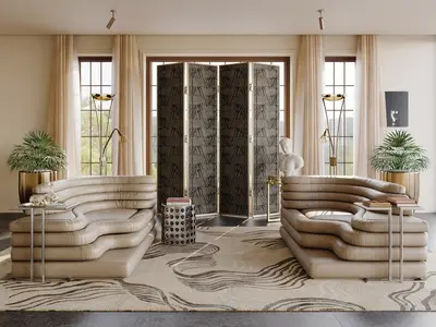 Modern Curved Sofa Living Room with Patterned Rug 3d model