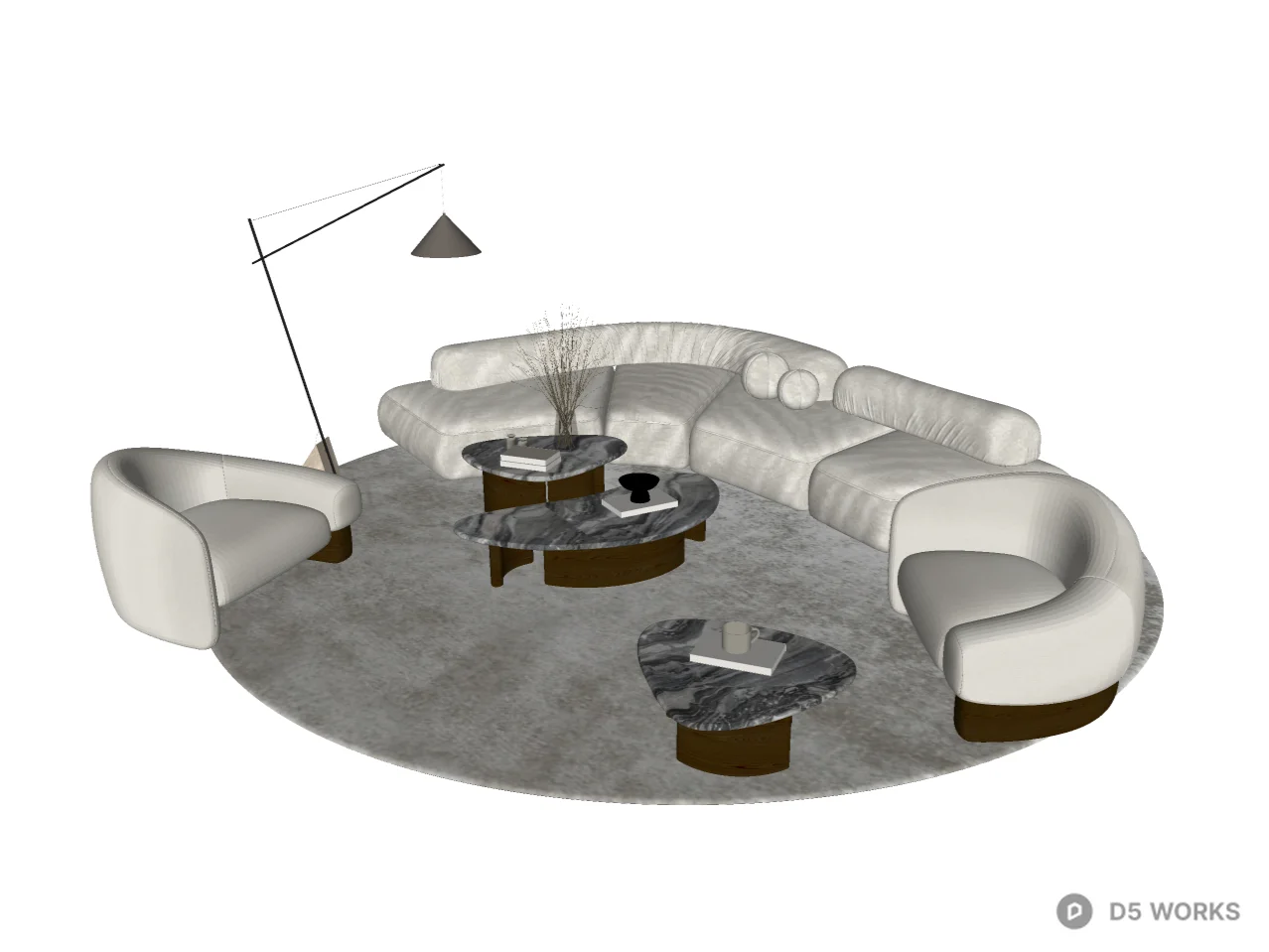 Modern Organic Curved Sofa and Marble Coffee Table Set 3d model thumbnail 2