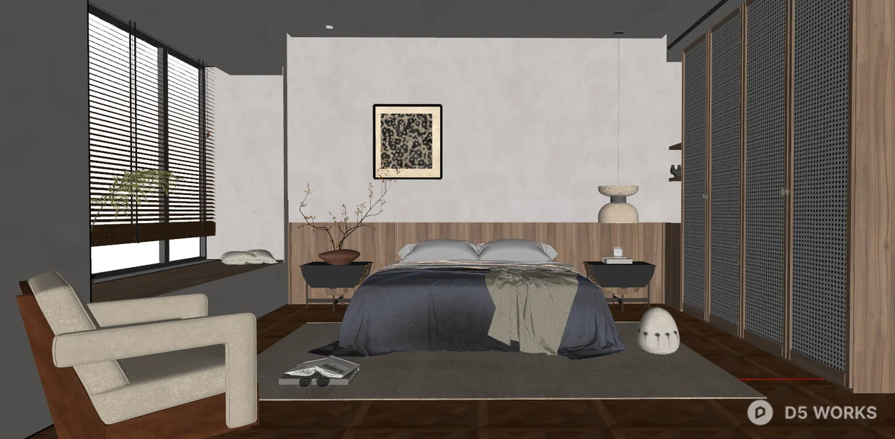 Modern Minimalist Bedroom With Warm Lighting 3d model thumbnail 2