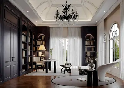 Classical Elegance Study Room With Arched Windows And Dark Wood Cabinetry 3d model