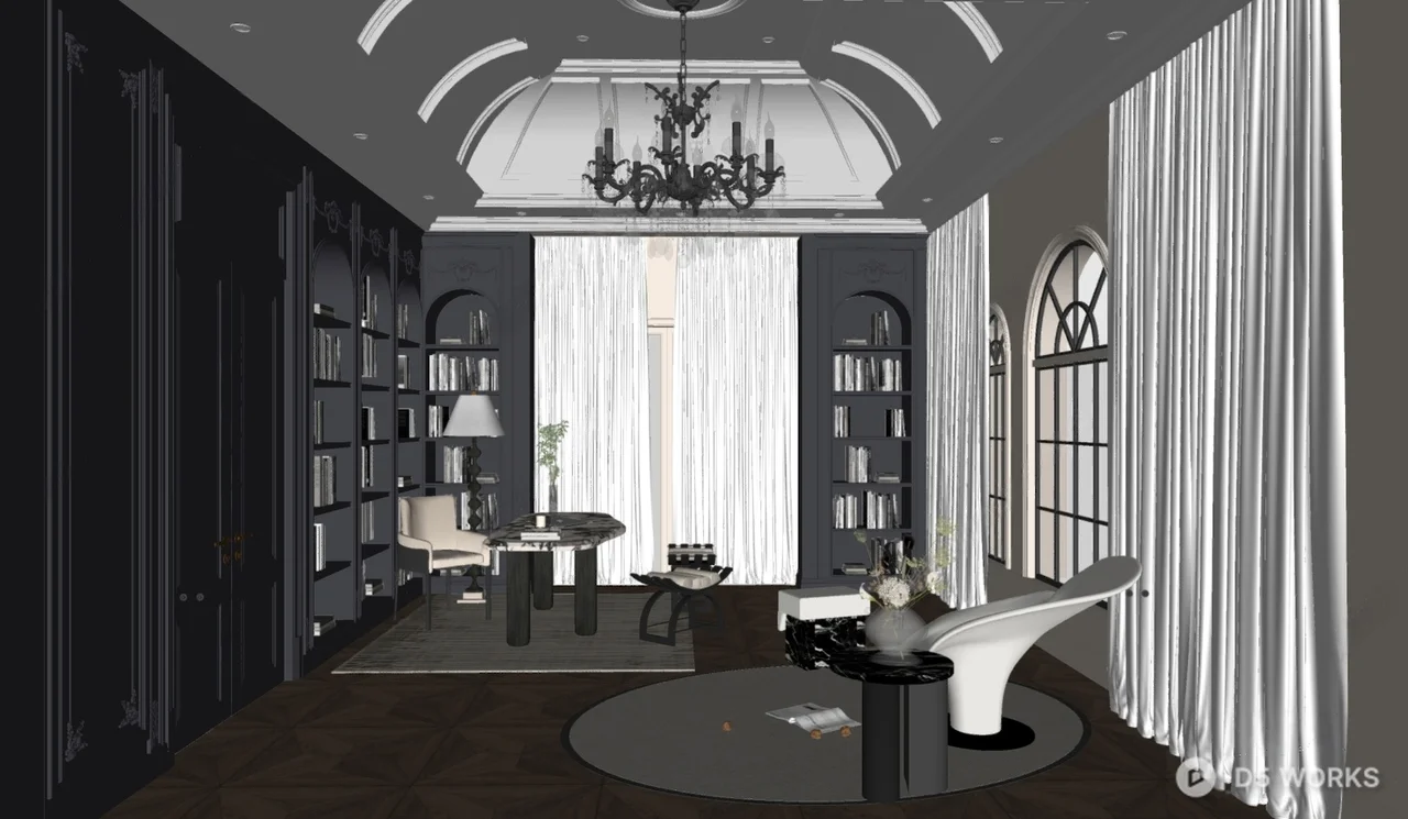 Classical Elegance Study Room With Arched Windows And Dark Wood Cabinetry 3d model thumbnail 2