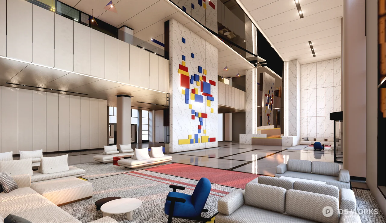 Modern Office Lobby With Art Wall And Lounge Seating 3d model - Image 1