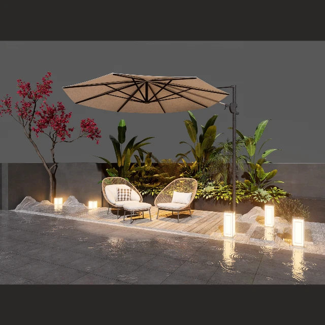 Modern Zen Patio Set with Cantilever Umbrella 3d model
