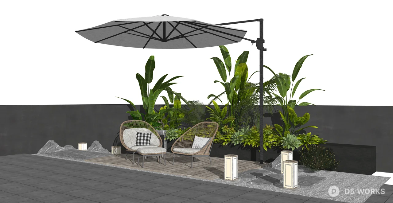 Modern Zen Patio Set with Cantilever Umbrella 3d model thumbnail 2