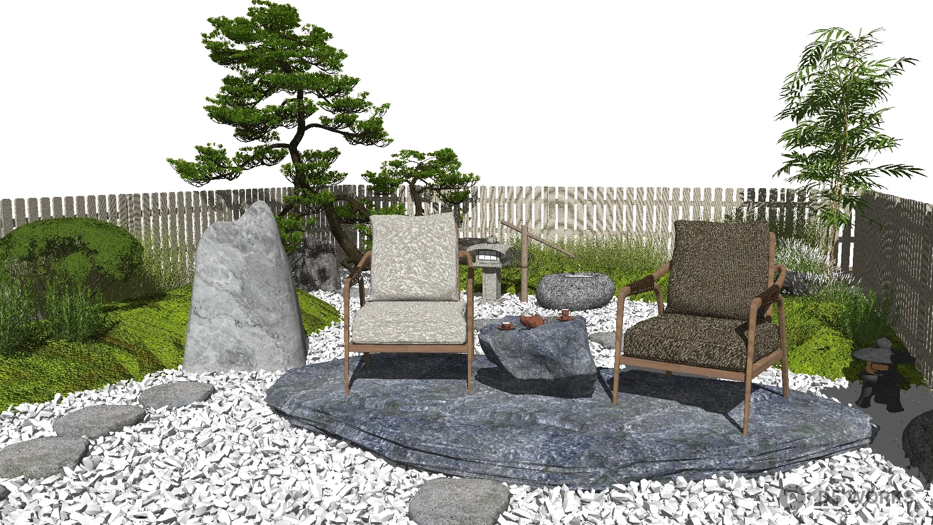 Free Minimalist Japanese Garden With Stone Path And Armchairs 3D Model .skp
