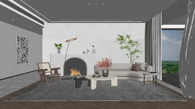 Minimalist Living Room with Fireplace and Greenery 3d model