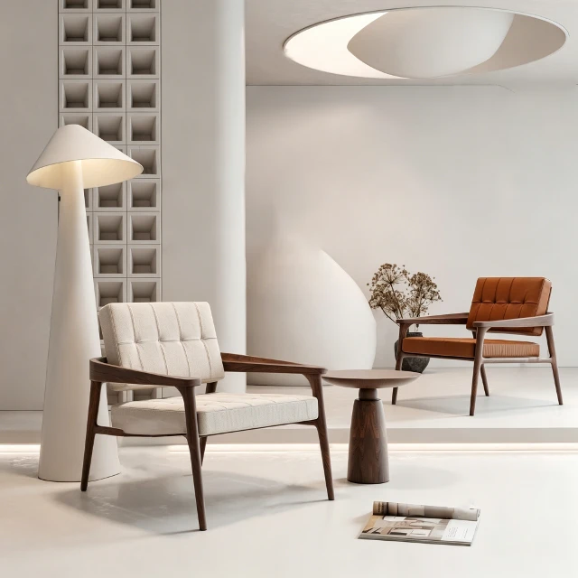 Mid-Century Modern Walnut Armchair with Tufted Fabric 3d model
