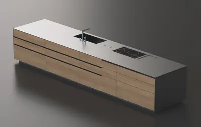 Minimalist Wood And Stone Kitchen Island Cabinet 3d model