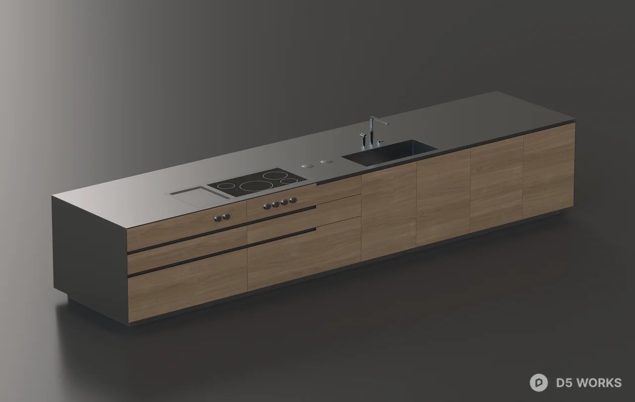 Minimalist Wood And Stone Kitchen Island Cabinet 3d model thumbnail 2
