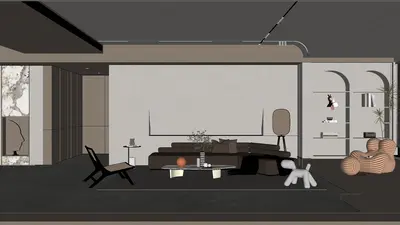 Minimalist Living Room with Dark Tones and Sculptural Elements 3d model