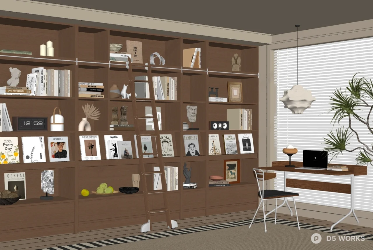 Mid Century Modern Study Room with Bookshelf and Desk 3d model thumbnail 2