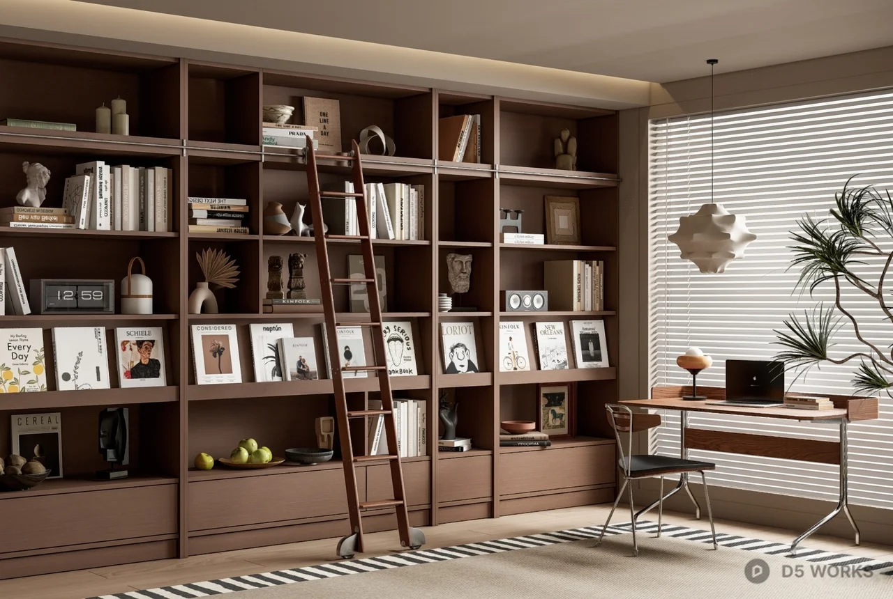 Mid Century Modern Study Room with Bookshelf and Desk 3d model - Image 1